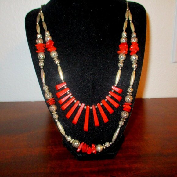 Native American Jewelry - COPY - Native American Sterling Silver Beaded Coral Necklace